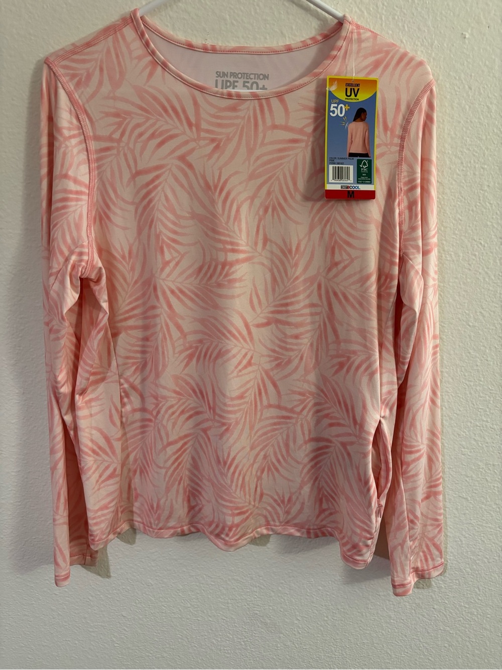 32 Degrees Pink Palm-Print Long Sleeve UPF 50+ Shirt Womens M Stretch Zip Pocket